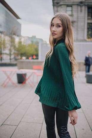 PT-15004 - Permanent Pleated Long Sleeve Blouse with Tie Neck  - Colors: Black, Emerald  - Available Sizes:XS-XXL - Catalog Page:48 